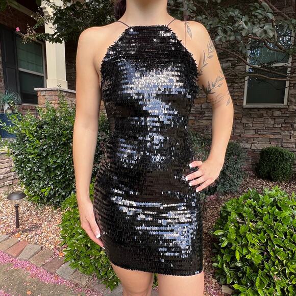 NEW NASTY GAL Vegas Baby Black Sequin Bodycon Mini Dress Sheer Sides XS - Picture 6 of 13